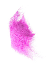 Small size purple Sand flying explosion, violet sands grain wave explode. Abstract cloud fly. purple colored sand splash throwing in Air. White background Isolated high speed shutter, throwing freeze