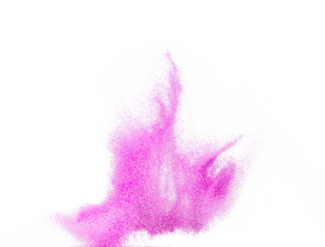 Small size purple Sand flying explosion, violet sands grain wave explode. Abstract cloud fly. purple colored sand splash throwing in Air. White background Isolated high speed shutter, throwing freeze