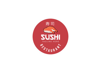 Sushi logo template. Japanese traditional cuisine, tasty food icon. japanese text translation "sushi". asian sushi bar vector logo.