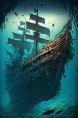ultra realistic pirate shipwreck, tattered sails, undersea