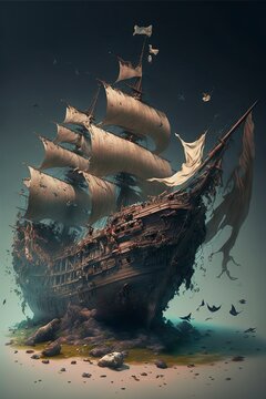 Ultra Realistic Pirate Shipwreck, Tattered Sails, Undersea