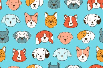 Dog faces cartoon seamless pattern. Smiling funny childish doggy pet, baby comic flat endless ornament. Cute puppy kawaii head muzzle doodle repeat wrapper. Wallpaper template for kid design