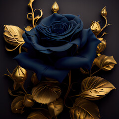 Generative AI: blue rose with golden ornament and grey background