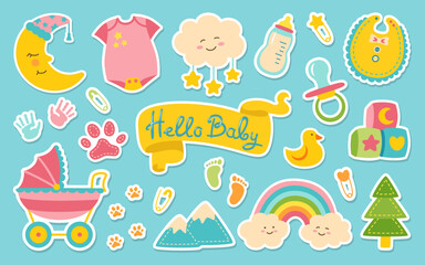 Baby newborn nursery objects sticker set. Birthday child memory scrapbook diary patch kit. Kids symbol and icon accessory collection. Hand drawn decoration cute rainbow moon, cloud, nipple, footprint