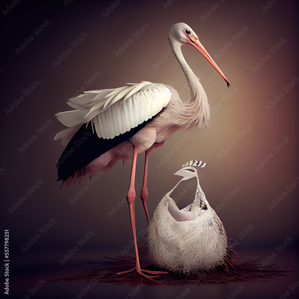 Wall mural generative ai:stork with a pink bag announcing a newborn in a studio background