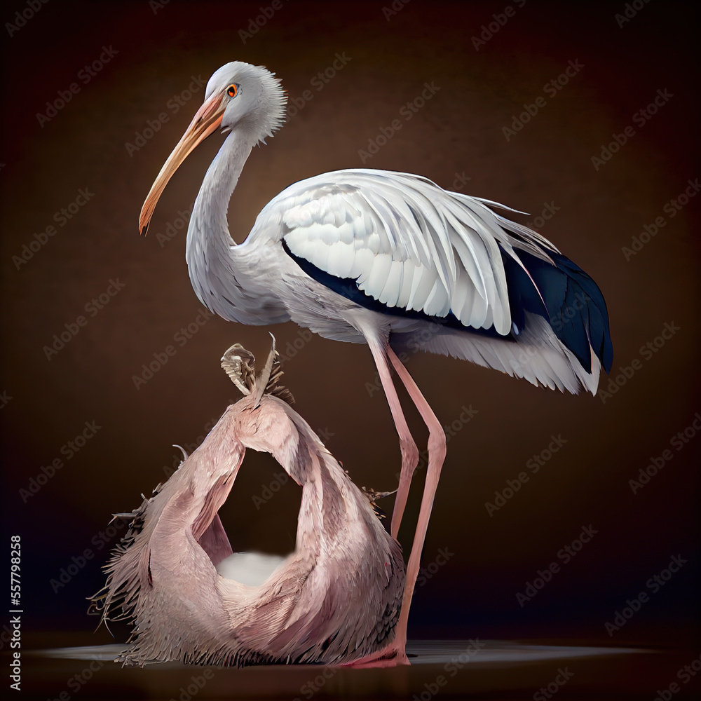 Wall mural generative ai:stork with a pink bag announcing a newborn in a studio background