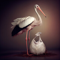 Generative AI:stork with a pink bag announcing a newborn in a studio background