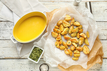 Baking paper with delicious baked potato and spices on light wooden table