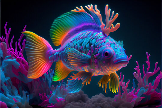 beautiful abstract 3d generated image of a big colorful fish under water