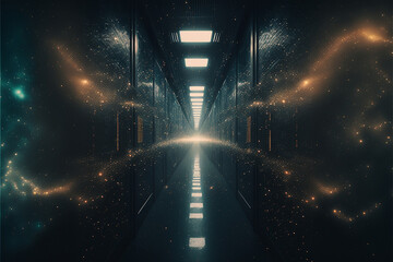 Futuristischer Korridor von Server, Super-Computer mit Visualisierung von Datenströmen Internet