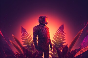 Futuristic astronaut stands among plants