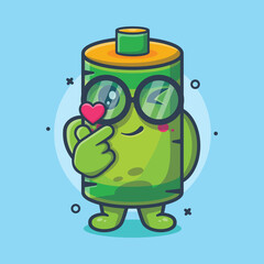 funny battery character mascot with love sign hand gesture isolated cartoon in flat style design