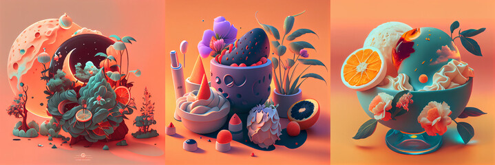 Surreal colorful composition of food and floral elements 
