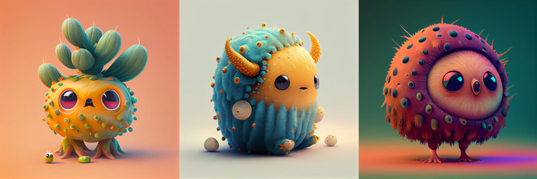 Cute alien characters design with flowers, collection