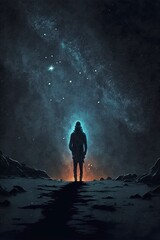 boy standing in front of the vast universe