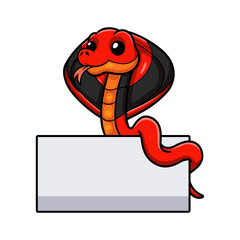 Fototapeta premium Cute red spitting cobra cartoon with blank sign