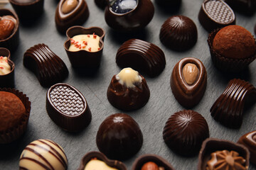 Slate board with chocolate candies on dark background, closeup