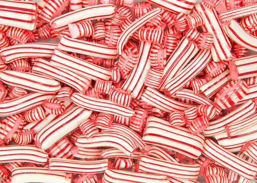 Close up on small and long traditional peppermint candy. Bite sized pieces. Traditional Classic Christmas candy.