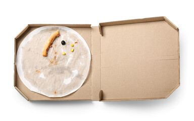 Cardboard box with pizza leftovers on white background