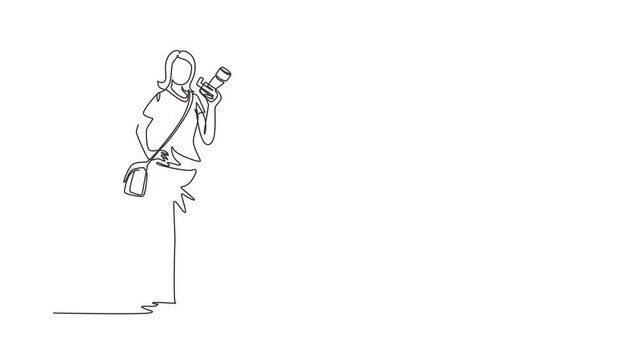 Self drawing animation of single line draw woman paparazzi occupation, standing with digital camera and sling bag. Professional photographer taking pictures. Continuous line draw. Full length animated