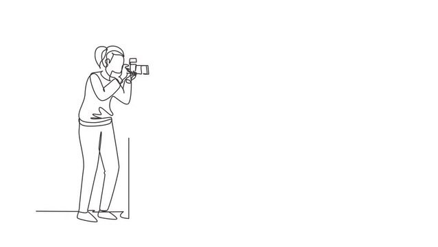Self drawing animation of single line draw professional photographer with camera pose, female take photo shots, journalist occupation, digital photography. Continuous line draw. Full length animated