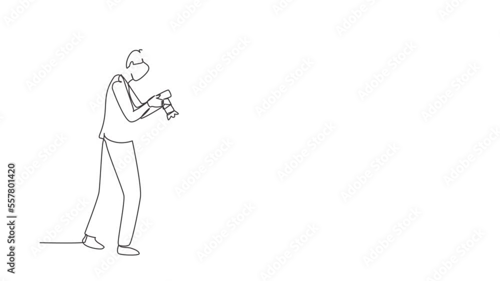 Poster animated self drawing of continuous line draw photographers or paparazzi taking photo with digital c