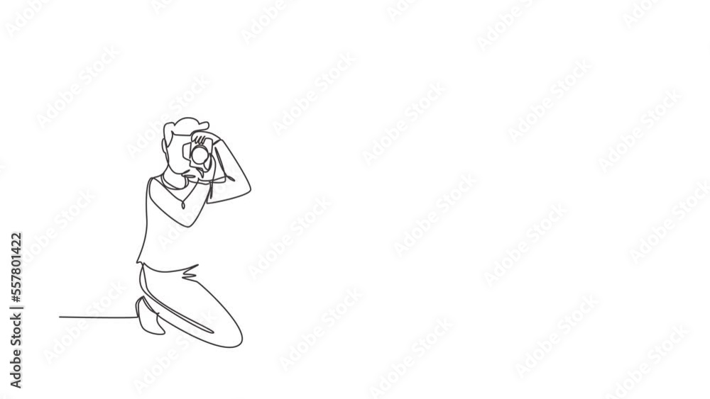 Poster animated self drawing of continuous line draw photographer is taking photo using dslr camera. male c
