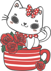 Cute Valentine cat with rose flowers cartoon doodle hand drawing.