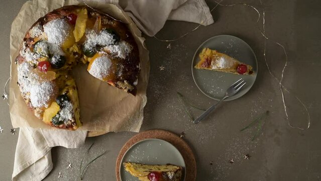Bolo do Rei or King's Cake, Made for Christmas, Carnavale or Mardi Gras on kitcthen countertop.