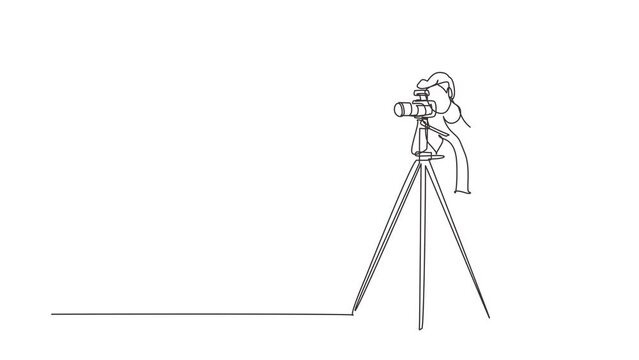 Self drawing animation of single line draw paparazzi concept with photographer shooting appearance of show business stars or other celebrities with tripod. Continuous line draw. Full length animated