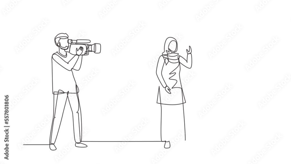 Poster animated self drawing of continuous line draw journalist, operator interview television program, new