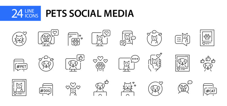 24 pets social media presence icons. Pixel perfect, editable stroke