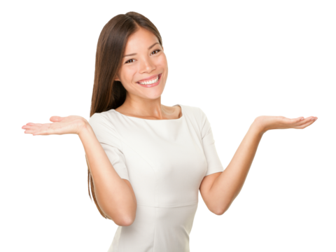 Showing woman - two hands empty for product or text. Casual woman isolated cutout PNG on transparent background. Multi-racial Caucasian / Asian female model smiling happy.