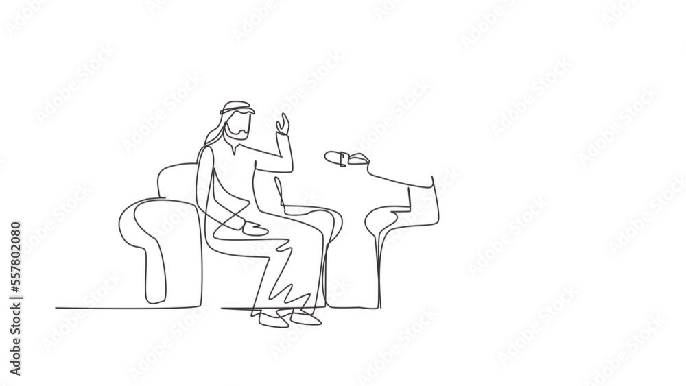 Aufkleber animated self drawing of continuous line draw interview with person. television, internet broadcast 