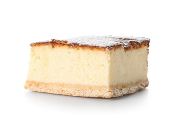 Piece of delicious cheese pie with sugar powder on white background