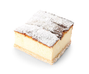 Piece of delicious cheese pie with sugar powder on white background
