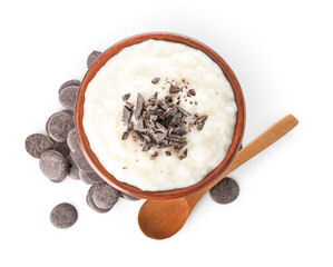 Bowl with delicious rice pudding and chocolate chips on white background