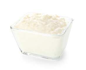 Bowl with delicious rice pudding on white background