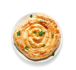 Plate with delicious cheese pie isolated on white background