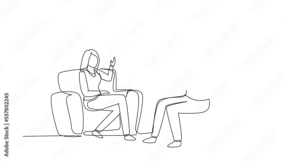 Poster self drawing animation of single line draw interview with famous person. television or internet broa