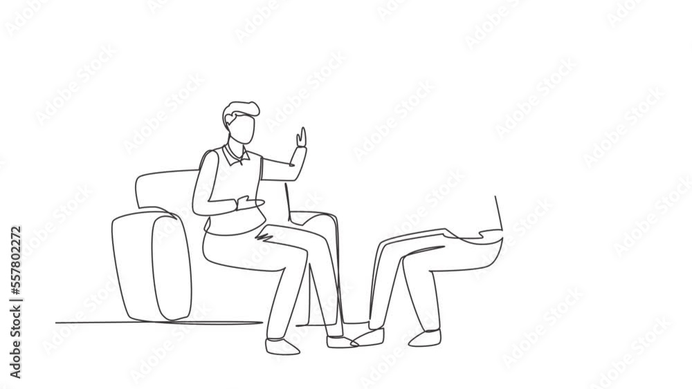 Poster self drawing animation of single line draw interview with famous person. television or internet broa
