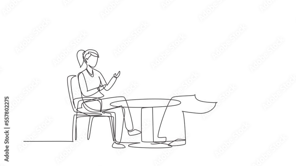 Poster animated self drawing of continuous line draw talk show studio with interviewing, discussing hosts. 
