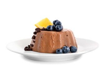 Delicious pudding with chocolate, lemon slice and blueberry on plate isolated on white background
