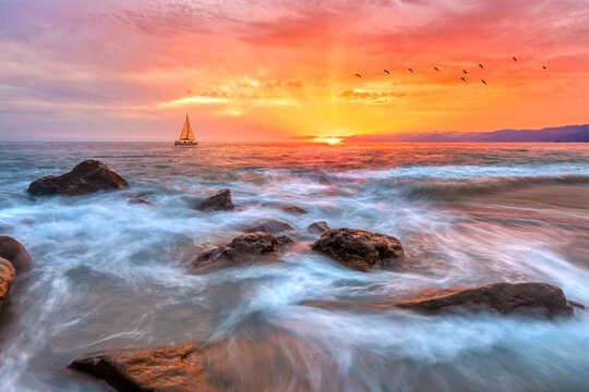 Sunset Ocean Inspirational Sailboat Uplifting Hope Nature Landscape Colorful Scenic Sunrise