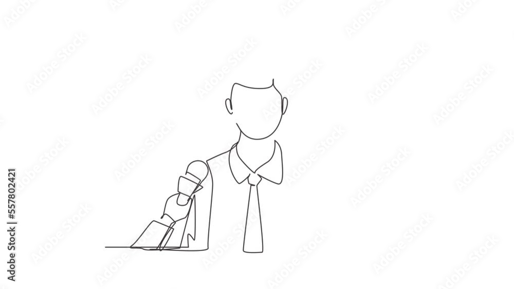 Poster animated self drawing of continuous line draw businessman giving interview in presence of journalist