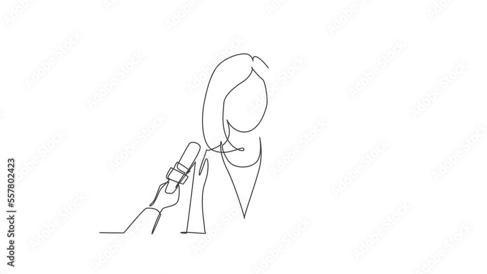 Poster animated self drawing of continuous line draw interview with girl. digital journalism. conference wo
