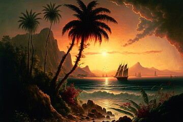 A tropical sunset on the beach, with bright and colorful sunset, palm trees, ocean waves and mountains 02