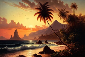 A tropical sunset on the beach, with bright and colorful sunset, palm trees, ocean waves and mountains 04