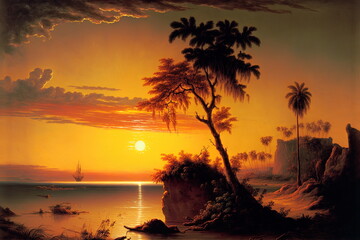 A tropical sunset on the beach, with bright and colorful sunset, palm trees, ocean waves and mountains 06