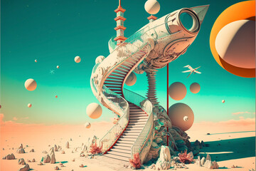 Naklejka premium stairway turning into a spaceship in a desert with planets floating by